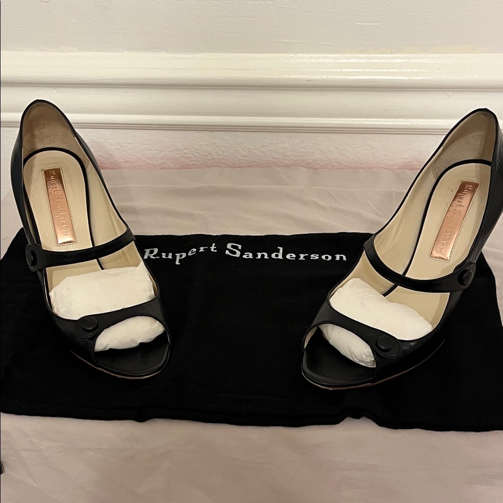 Rupert Sanderson Black Peep Toe Heels with Button Detail
